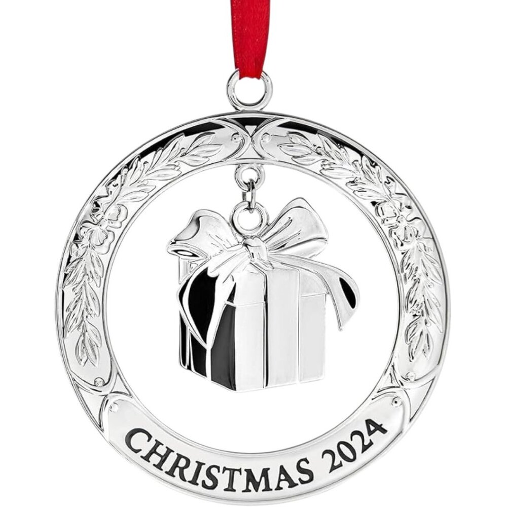 Klikel Gallery Silver Wreath Gift Box Engraved Christmas Ornament 2024